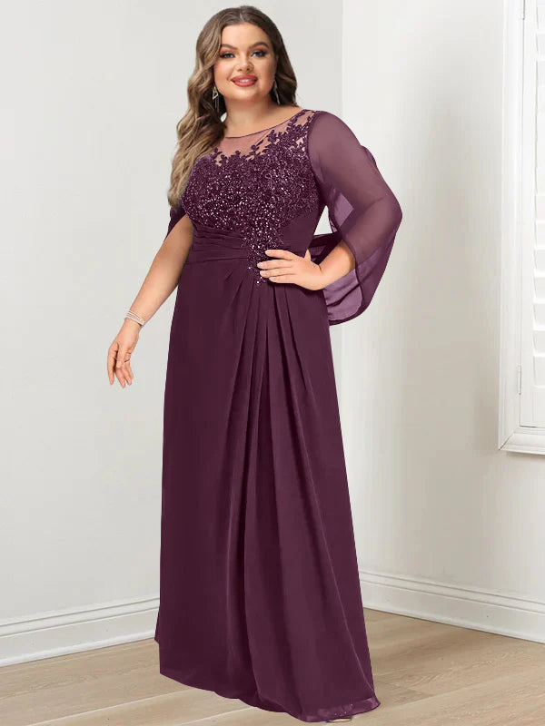 Robe de Mère de la Mariée Grande Taille, Coupe A-Line/Princess, Longueur Au Sol, avec Plis et Paillettes