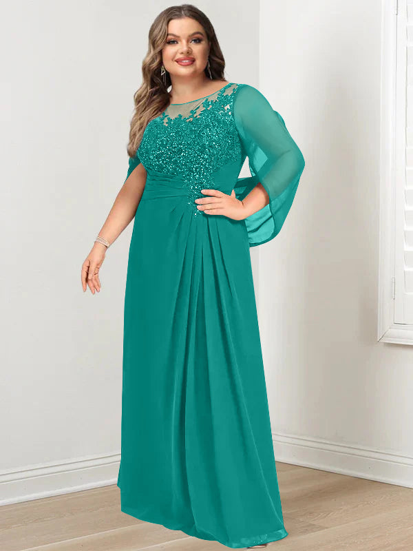 Robe de Mère de la Mariée Grande Taille, Coupe A-Line/Princess, Longueur Au Sol, avec Plis et Paillettes