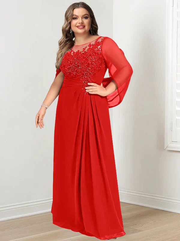 Robe de Mère de la Mariée Grande Taille, Coupe A-Line/Princess, Longueur Au Sol, avec Plis et Paillettes