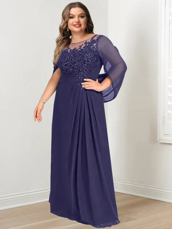Robe de Mère de la Mariée Grande Taille, Coupe A-Line/Princess, Longueur Au Sol, avec Plis et Paillettes
