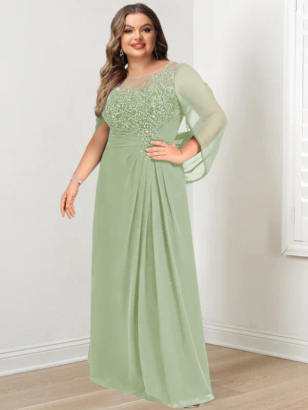 Robe de Mère de la Mariée Grande Taille, Coupe A-Line/Princess, Longueur Au Sol, avec Plis et Paillettes