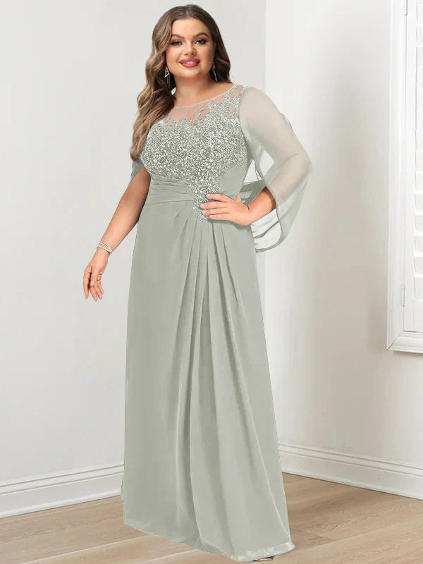 Robe de Mère de la Mariée Grande Taille, Coupe A-Line/Princess, Longueur Au Sol, avec Plis et Paillettes
