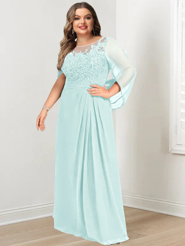 Robe de Mère de la Mariée Grande Taille, Coupe A-Line/Princess, Longueur Au Sol, avec Plis et Paillettes