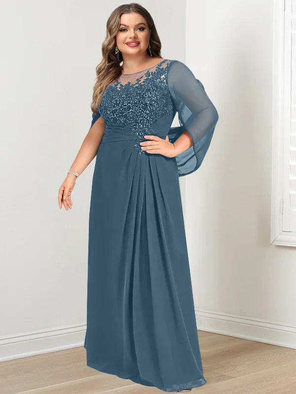 Robe de Mère de la Mariée Grande Taille, Coupe A-Line/Princess, Longueur Au Sol, avec Plis et Paillettes