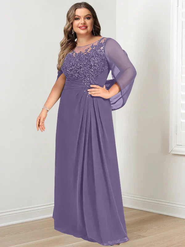 Robe de Mère de la Mariée Grande Taille, Coupe A-Line/Princess, Longueur Au Sol, avec Plis et Paillettes