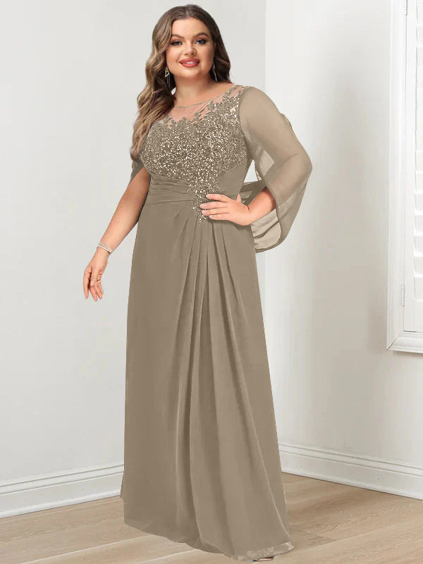 Robe de Mère de la Mariée Grande Taille, Coupe A-Line/Princess, Longueur Au Sol, avec Plis et Paillettes