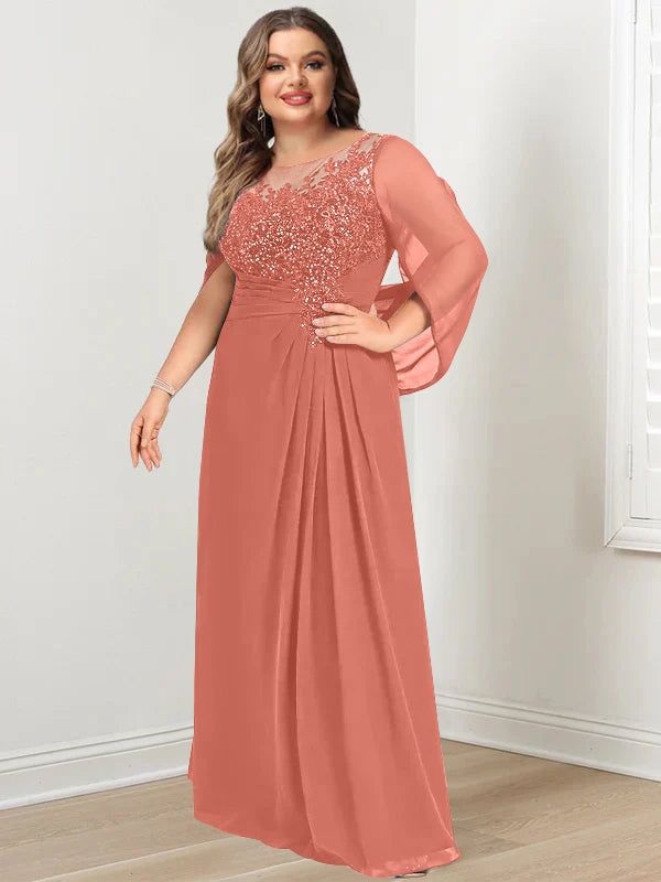 Robe de Mère de la Mariée Grande Taille, Coupe A-Line/Princess, Longueur Au Sol, avec Plis et Paillettes