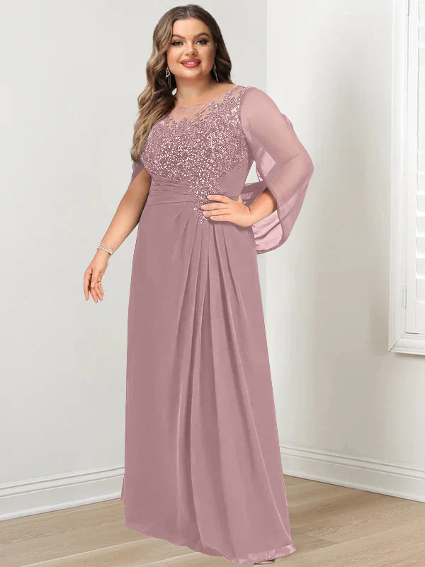 Robe de Mère de la Mariée Grande Taille, Coupe A-Line/Princess, Longueur Au Sol, avec Plis et Paillettes