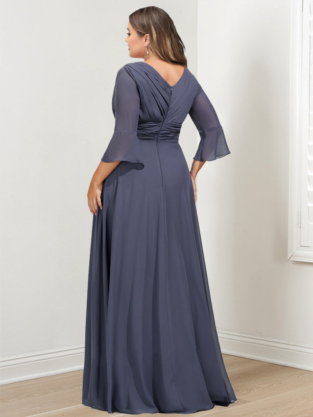 Ligne A/Princesse Col en V 3/4 Length Sleeves Asymétrique Plus Taille Robes Mère de La Mariée avec Froufrous