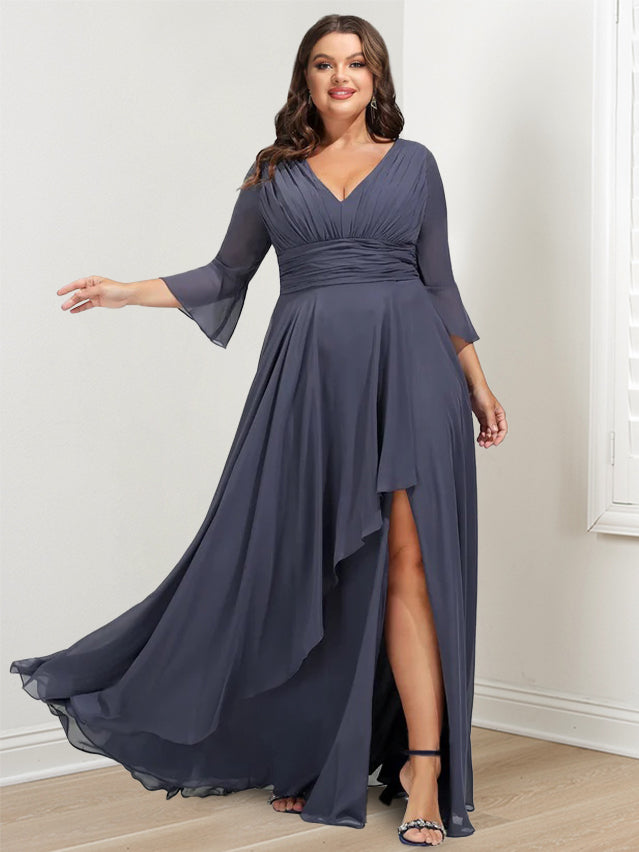 Ligne A/Princesse Col en V 3/4 Length Sleeves Asymétrique Plus Taille Robes Mère de La Mariée avec Froufrous