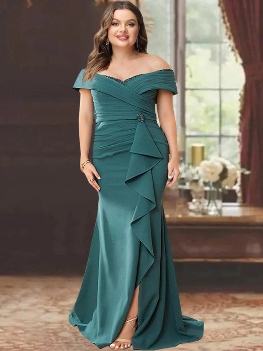 Robe de Mère de la Mariée Grande Taille, Fourreau/Colonne, Épaules Dénudées, Sans Manches, Longueur Au Sol, avec Volants