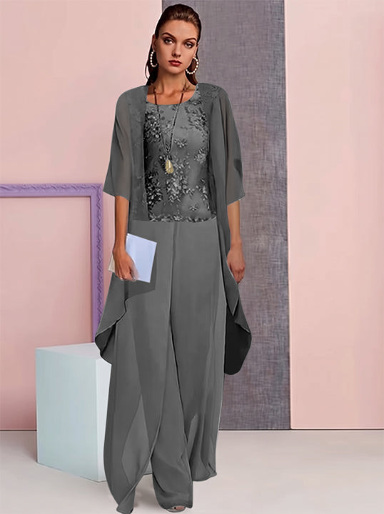 Tailleur-Pantalon en Mousseline de Soie avec Veste pour Mère de la Mariée