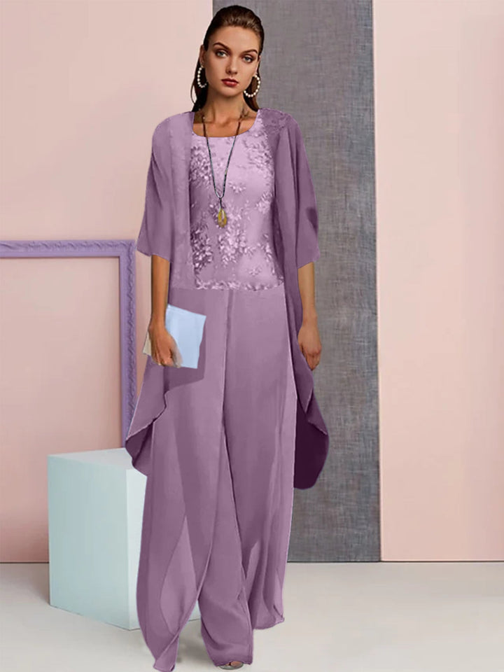 Tailleur-Pantalon en Mousseline de Soie avec Veste pour Mère de la Mariée