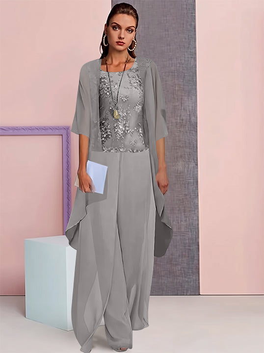 Tailleur-Pantalon en Mousseline de Soie avec Veste pour Mère de la Mariée