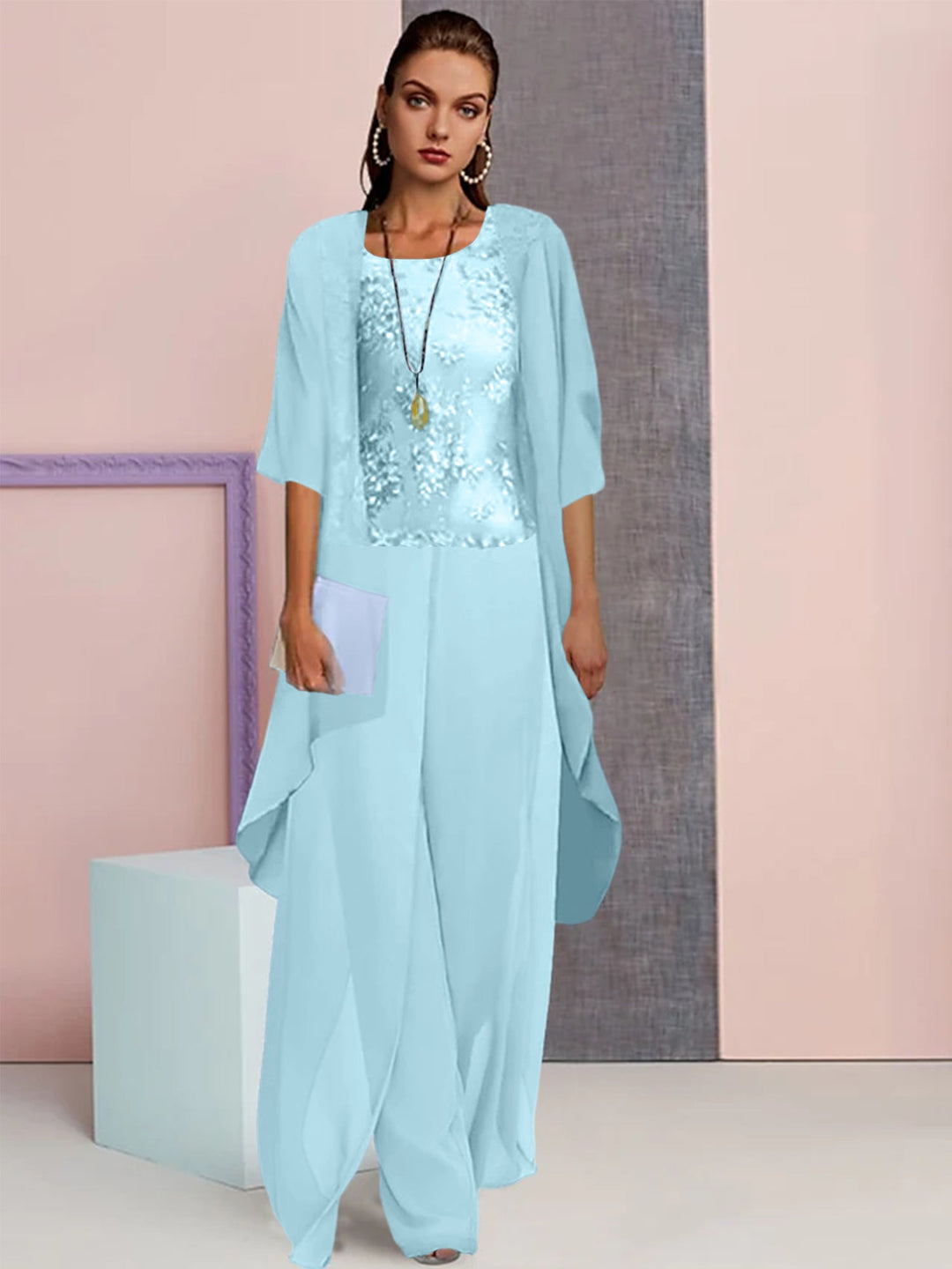 Tailleur-Pantalon en Mousseline de Soie avec Veste pour Mère de la Mariée