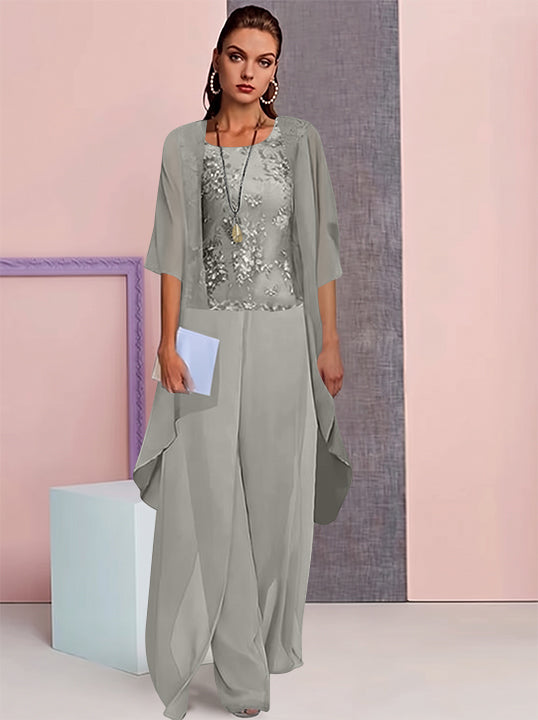 Tailleur-Pantalon en Mousseline de Soie avec Veste pour Mère de la Mariée