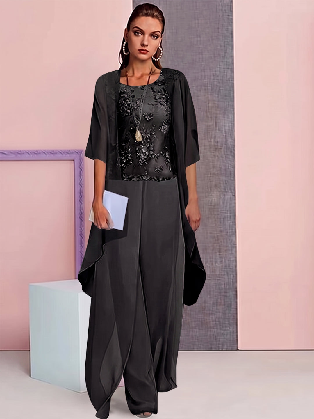 Tailleur-Pantalon en Mousseline de Soie avec Veste pour Mère de la Mariée