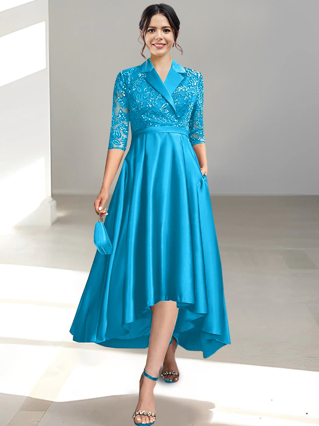 Robes de Mère de la Mariée Fourreau/Colonne à Col en V et Longueur Thé