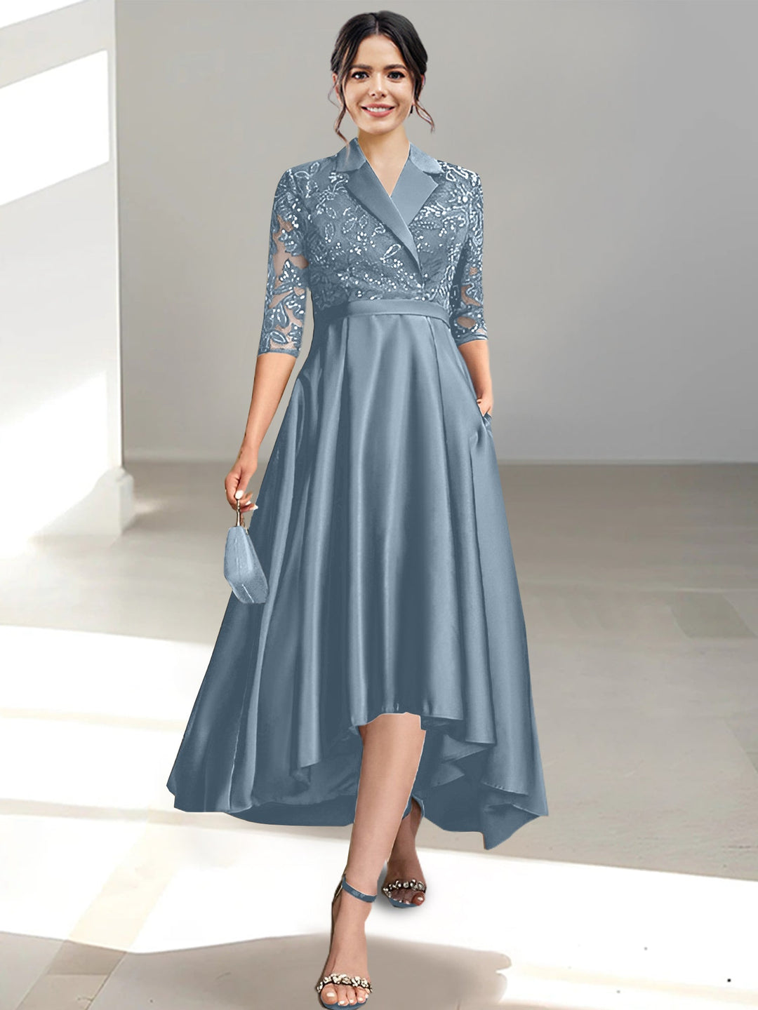 Robes de Mère de la Mariée Fourreau/Colonne à Col en V et Longueur Thé