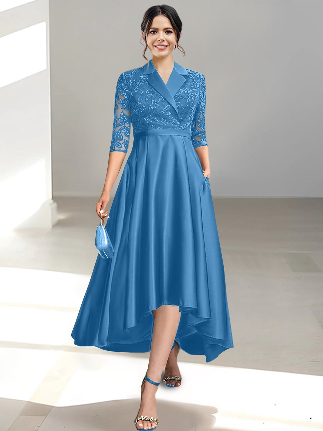 Robes de Mère de la Mariée Fourreau/Colonne à Col en V et Longueur Thé