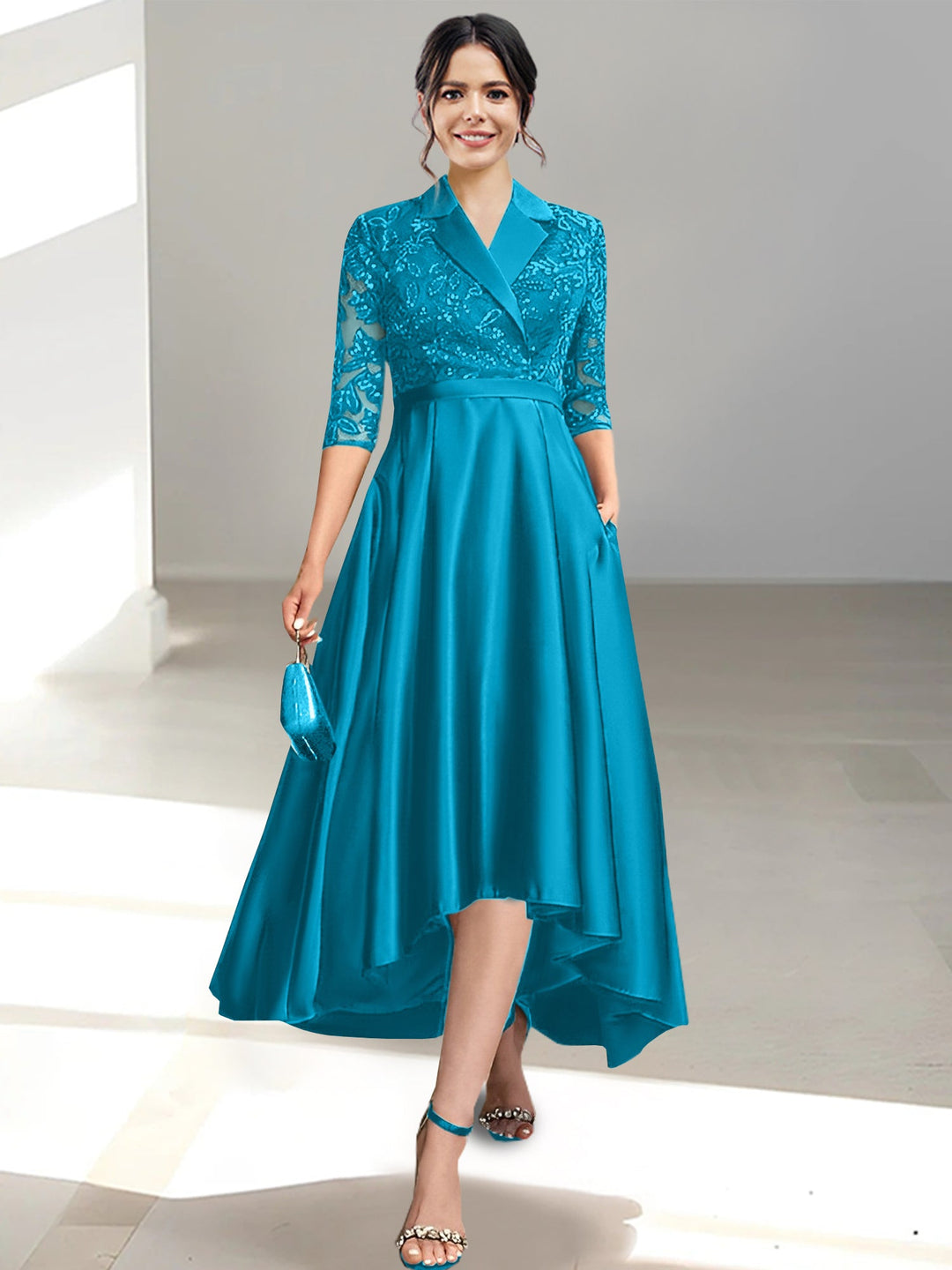 Robes de Mère de la Mariée Fourreau/Colonne à Col en V et Longueur Thé