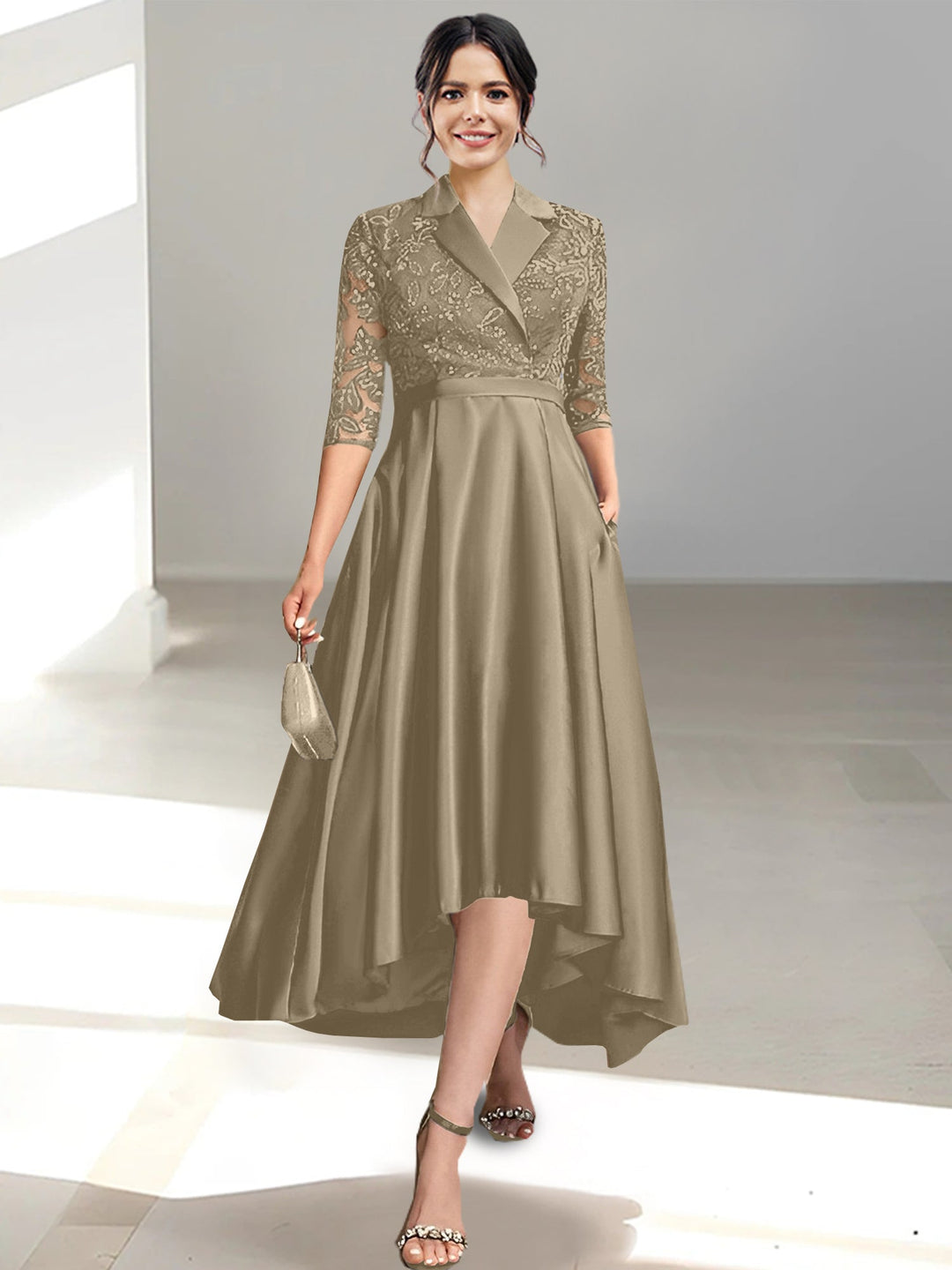 Robes de Mère de la Mariée Fourreau/Colonne à Col en V et Longueur Thé