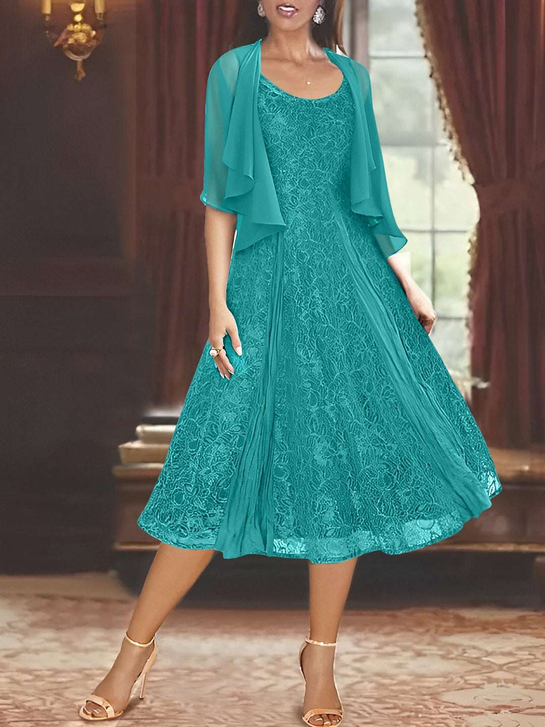 Robe de Mère de la Mariée Coupe A-Line/Princess à Manches Mi-Longues et Décolleté Plongeant avec Appliques et Veste