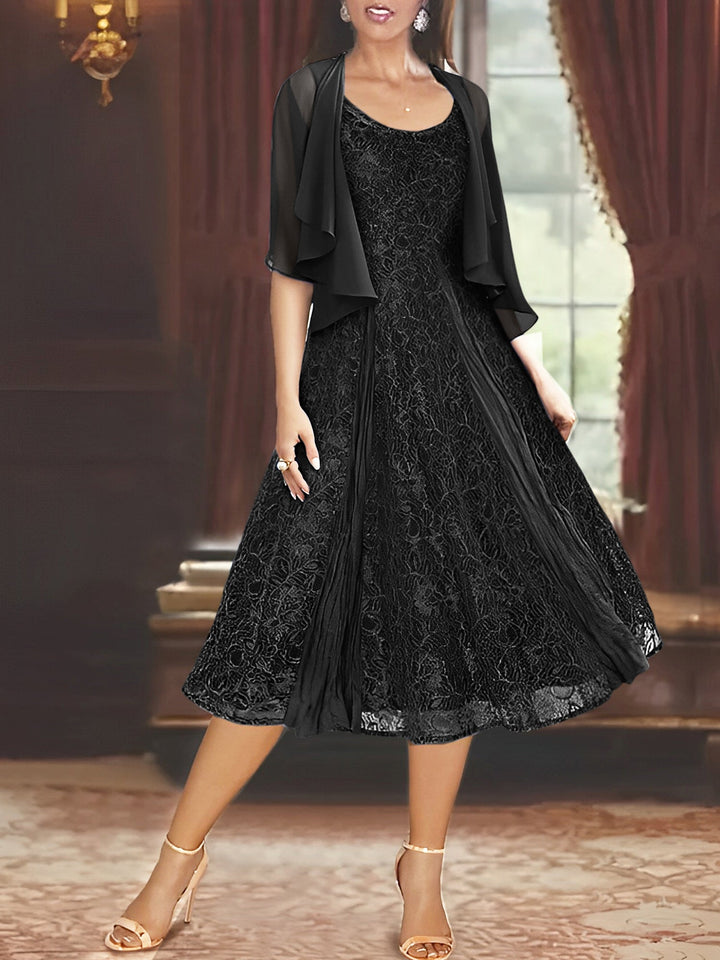 Robe de Mère de la Mariée Coupe A-Line/Princess à Manches Mi-Longues et Décolleté Plongeant avec Appliques et Veste