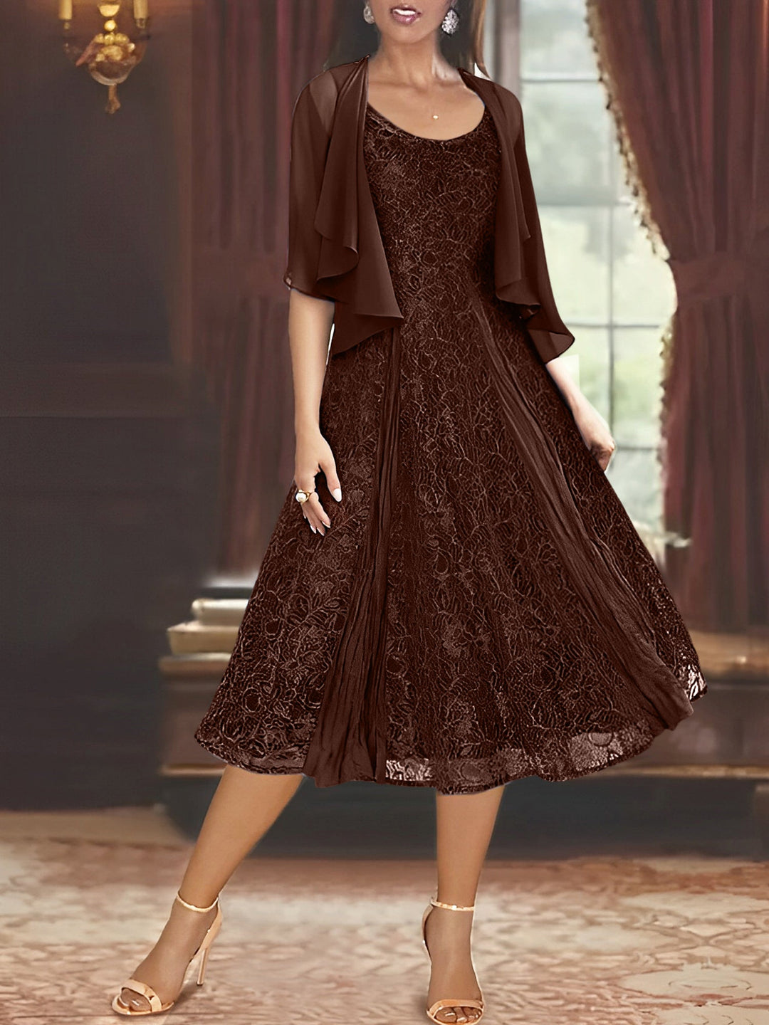 Robe de Mère de la Mariée Coupe A-Line/Princess à Manches Mi-Longues et Décolleté Plongeant avec Appliques et Veste