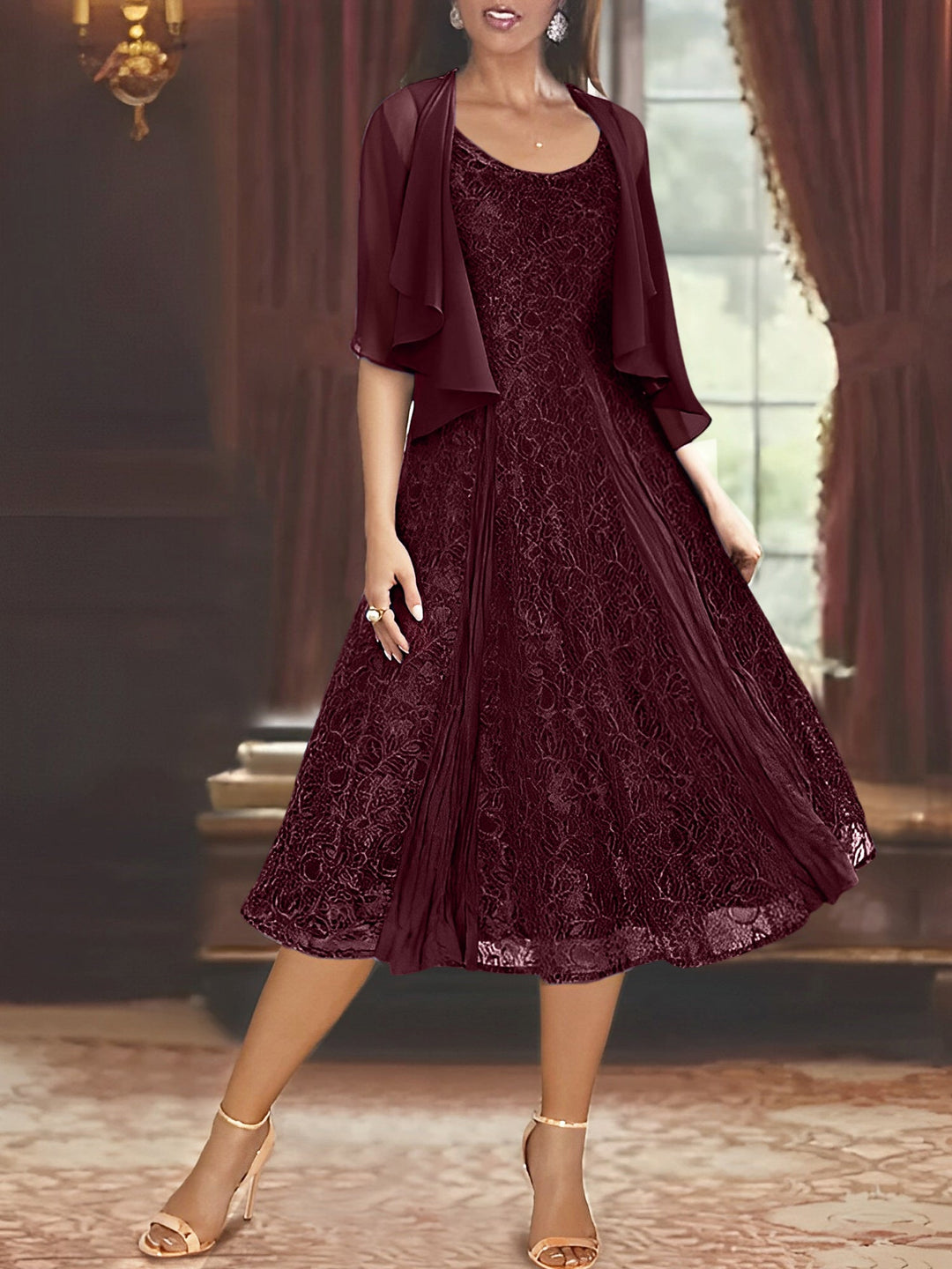 Robe de Mère de la Mariée Coupe A-Line/Princess à Manches Mi-Longues et Décolleté Plongeant avec Appliques et Veste