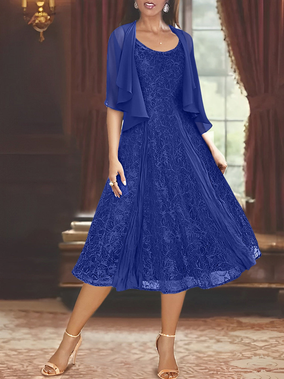 Robe de Mère de la Mariée Coupe A-Line/Princess à Manches Mi-Longues et Décolleté Plongeant avec Appliques et Veste