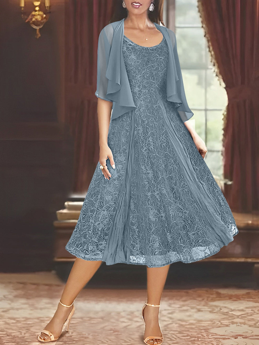 Robe de Mère de la Mariée Coupe A-Line/Princess à Manches Mi-Longues et Décolleté Plongeant avec Appliques et Veste