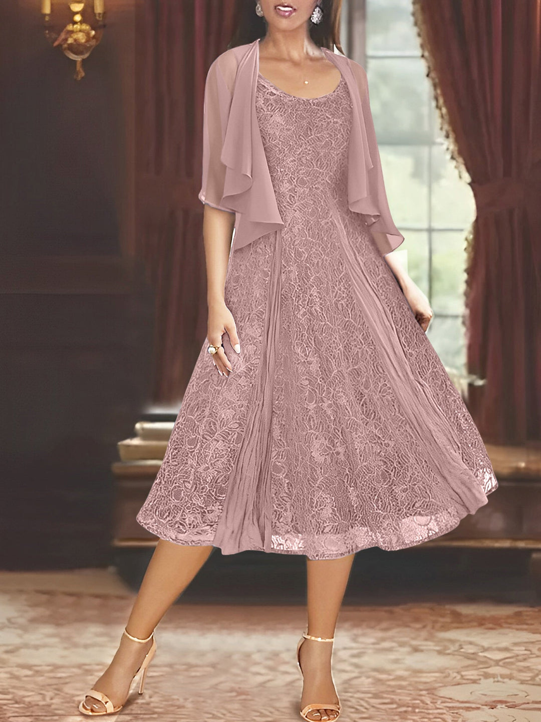 Robe de Mère de la Mariée Coupe A-Line/Princess à Manches Mi-Longues et Décolleté Plongeant avec Appliques et Veste