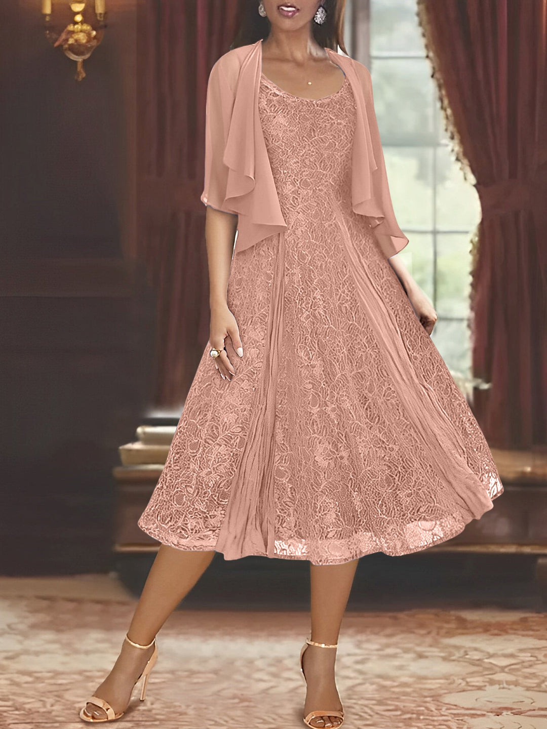 Robe de Mère de la Mariée Coupe A-Line/Princess à Manches Mi-Longues et Décolleté Plongeant avec Appliques et Veste