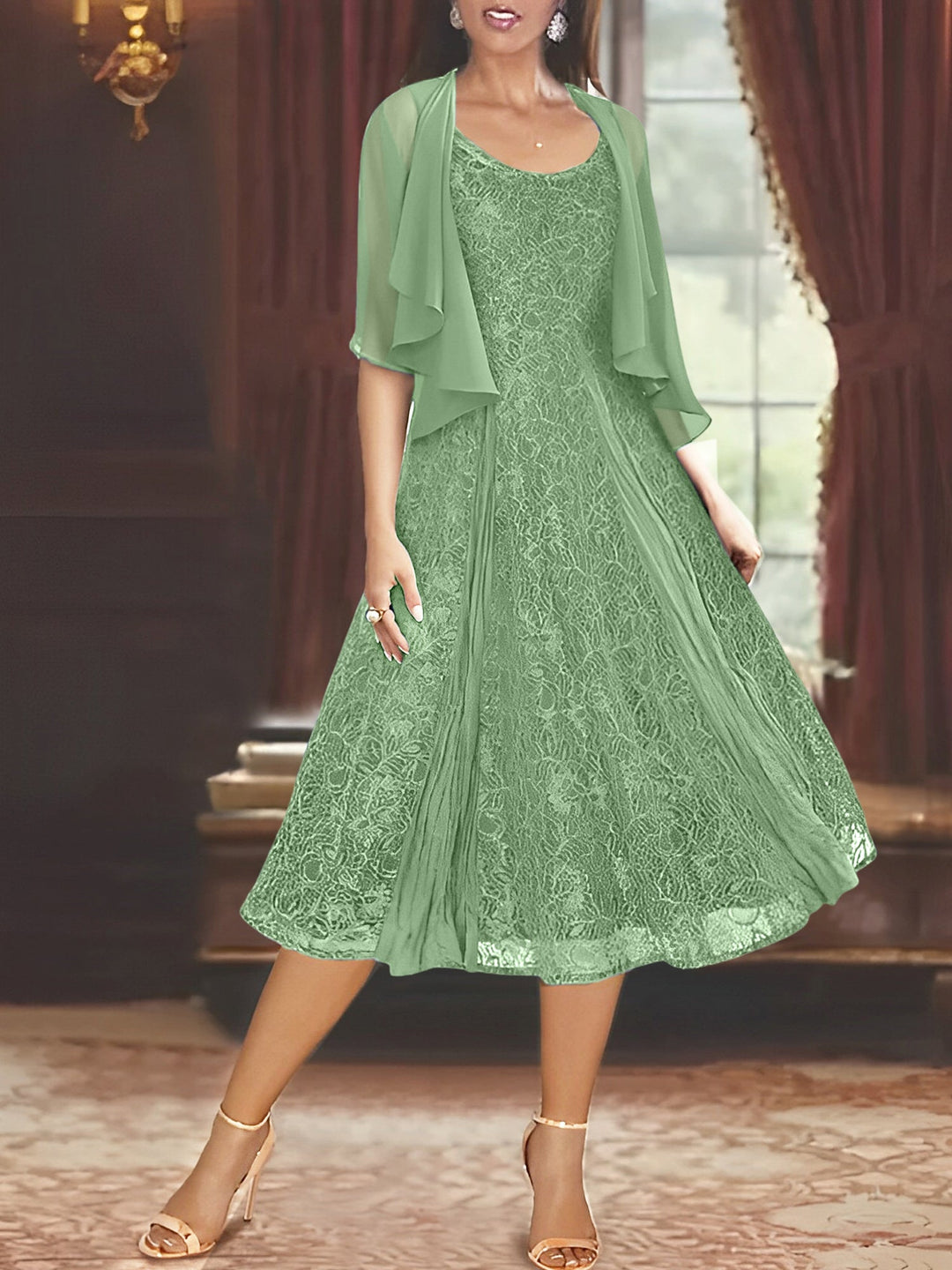 Robe de Mère de la Mariée Coupe A-Line/Princess à Manches Mi-Longues et Décolleté Plongeant avec Appliques et Veste