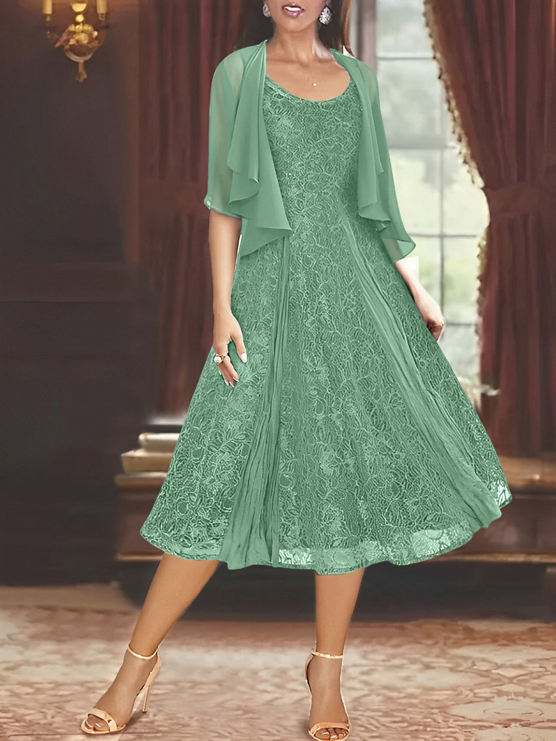 Robe de Mère de la Mariée Coupe A-Line/Princess à Manches Mi-Longues et Décolleté Plongeant avec Appliques et Veste