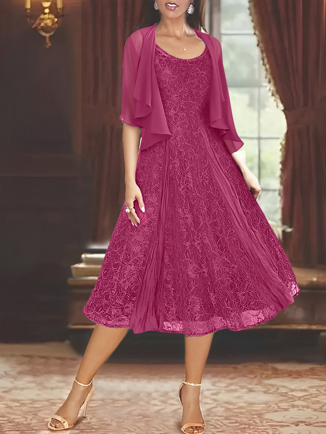 Robe de Mère de la Mariée Coupe A-Line/Princess à Manches Mi-Longues et Décolleté Plongeant avec Appliques et Veste