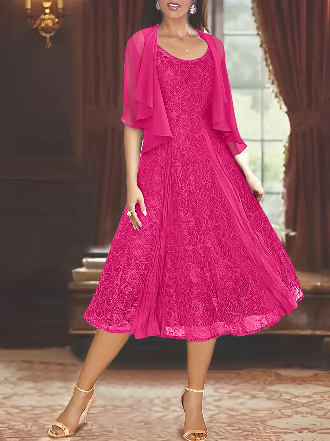 Robe de Mère de la Mariée Coupe A-Line/Princess à Manches Mi-Longues et Décolleté Plongeant avec Appliques et Veste