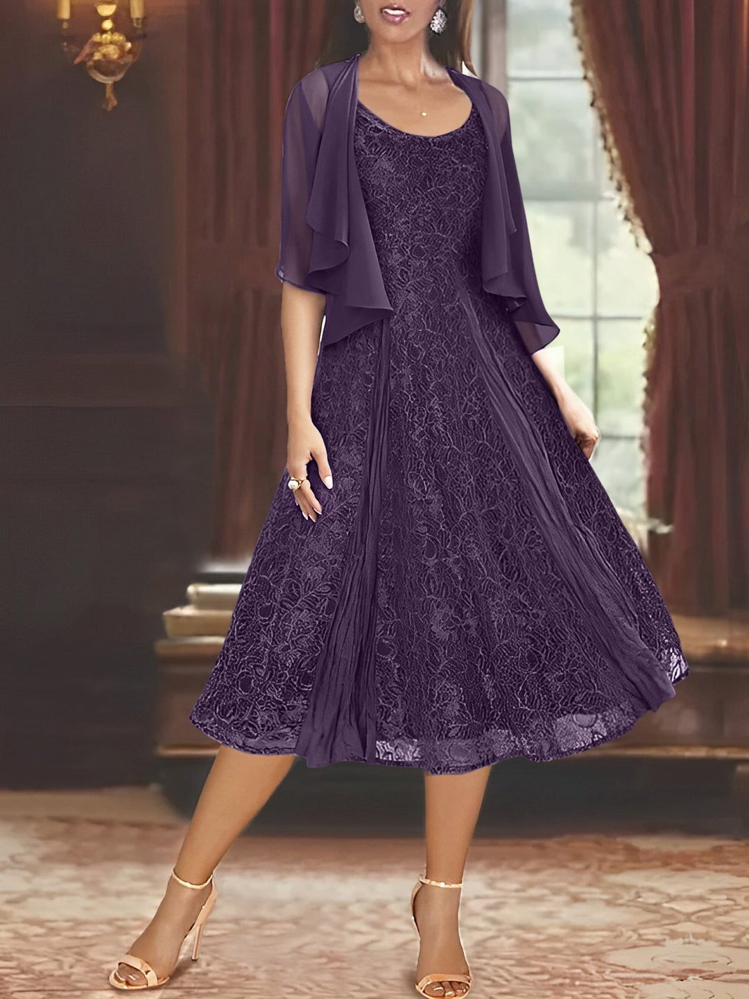 Robe de Mère de la Mariée Coupe A-Line/Princess à Manches Mi-Longues et Décolleté Plongeant avec Appliques et Veste