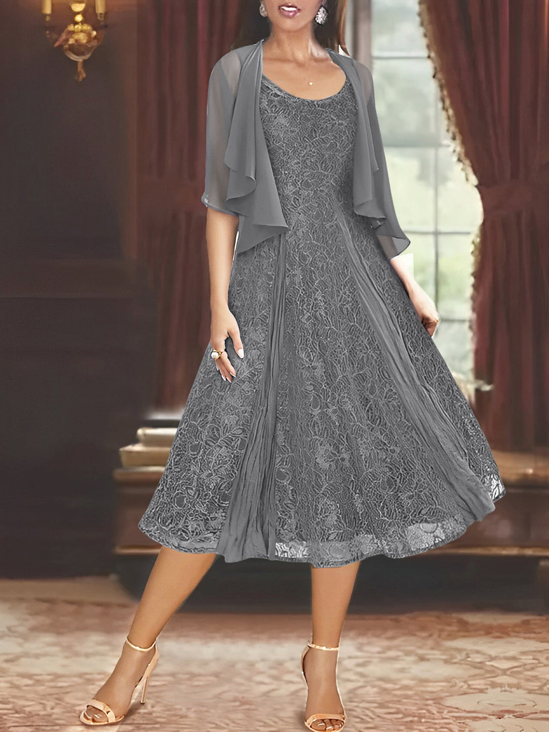 Robe de Mère de la Mariée Coupe A-Line/Princess à Manches Mi-Longues et Décolleté Plongeant avec Appliques et Veste