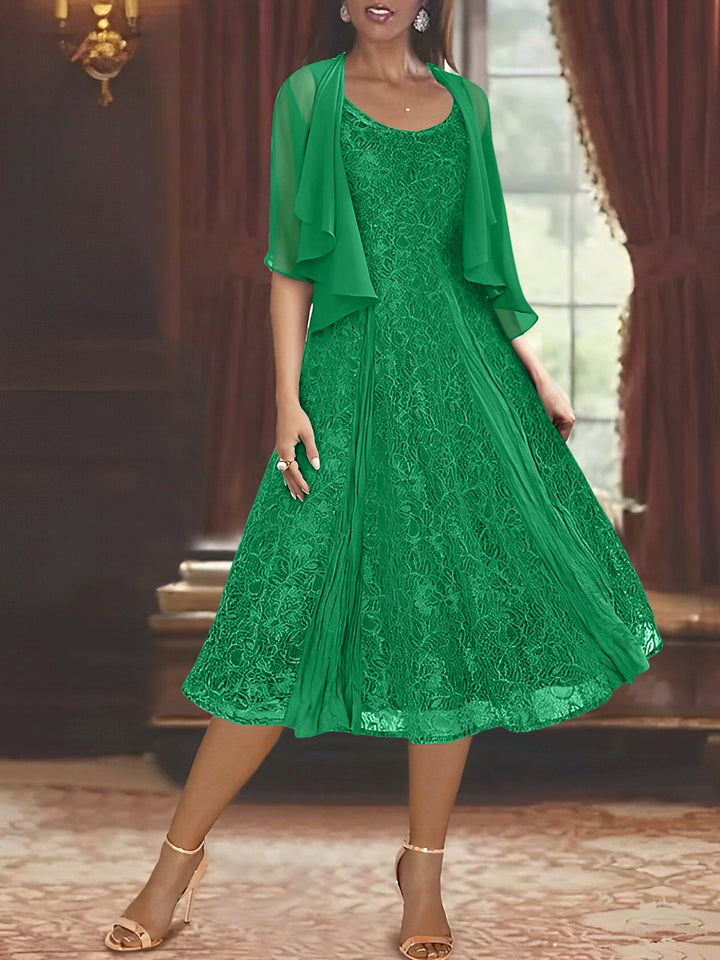 Robe de Mère de la Mariée Coupe A-Line/Princess à Manches Mi-Longues et Décolleté Plongeant avec Appliques et Veste