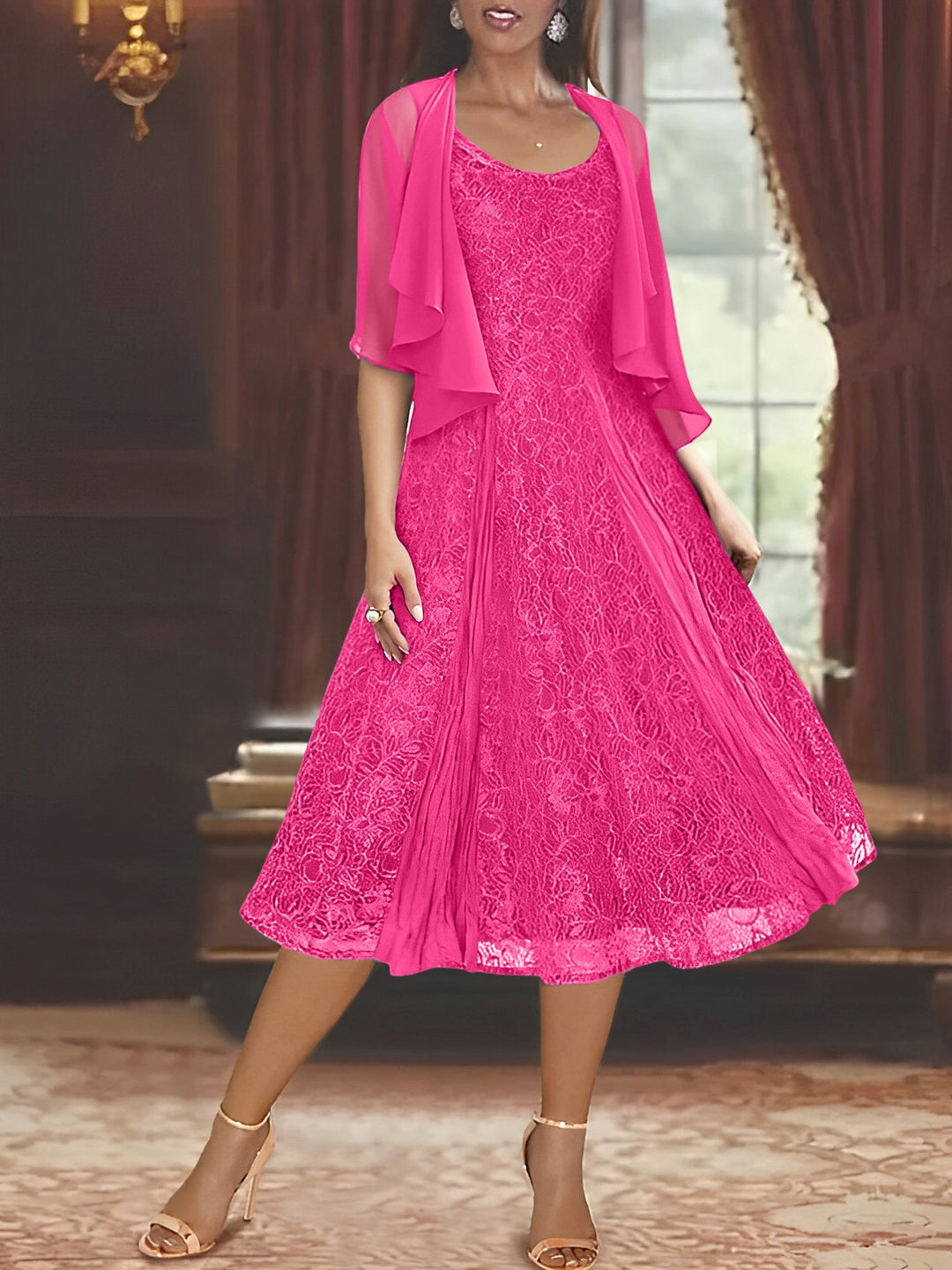 Robe de Mère de la Mariée Coupe A-Line/Princess à Manches Mi-Longues et Décolleté Plongeant avec Appliques et Veste