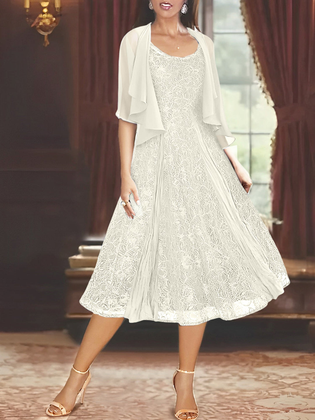 Robe de Mère de la Mariée Coupe A-Line/Princess à Manches Mi-Longues et Décolleté Plongeant avec Appliques et Veste