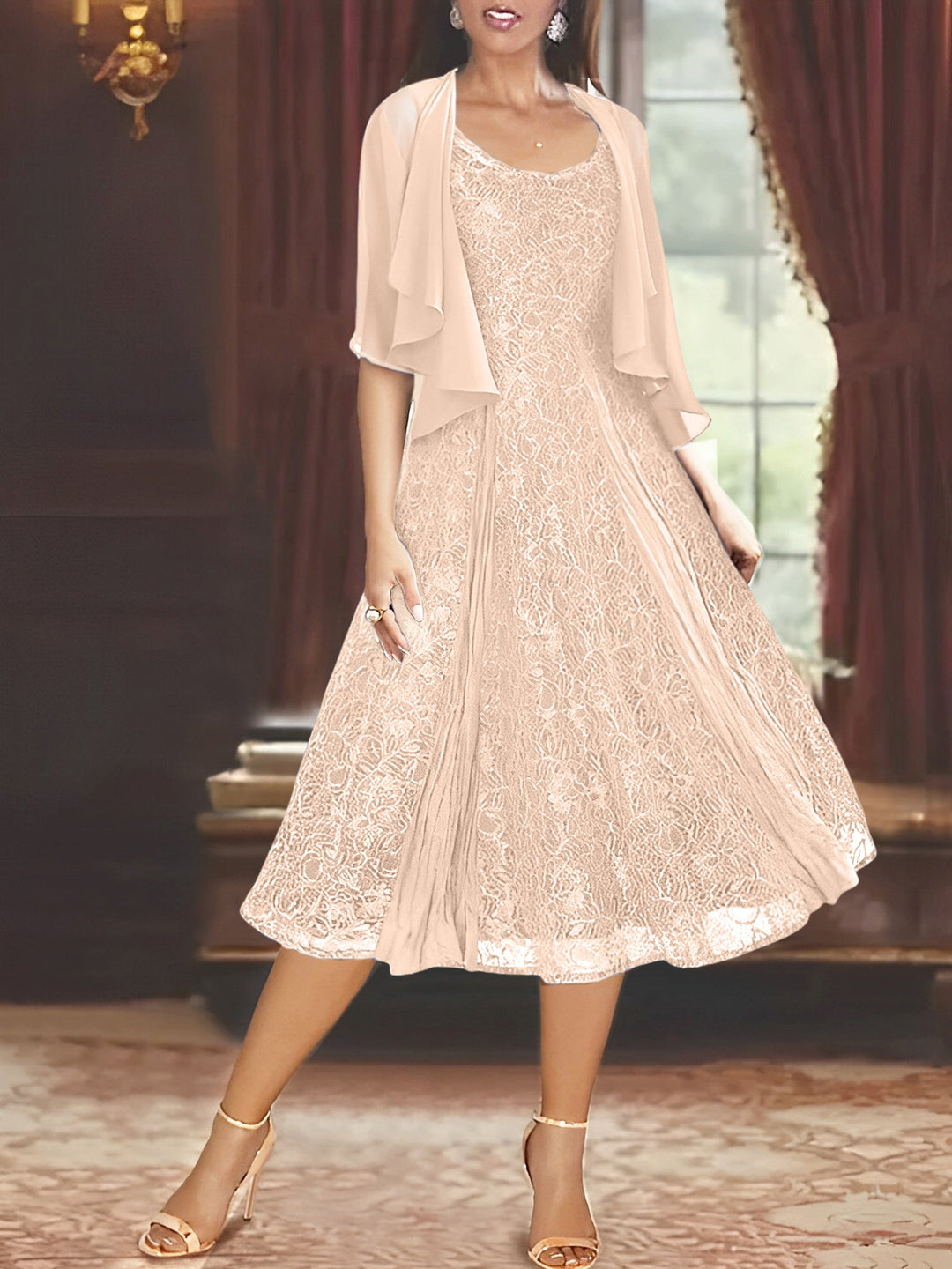 Robe de Mère de la Mariée Coupe A-Line/Princess à Manches Mi-Longues et Décolleté Plongeant avec Appliques et Veste