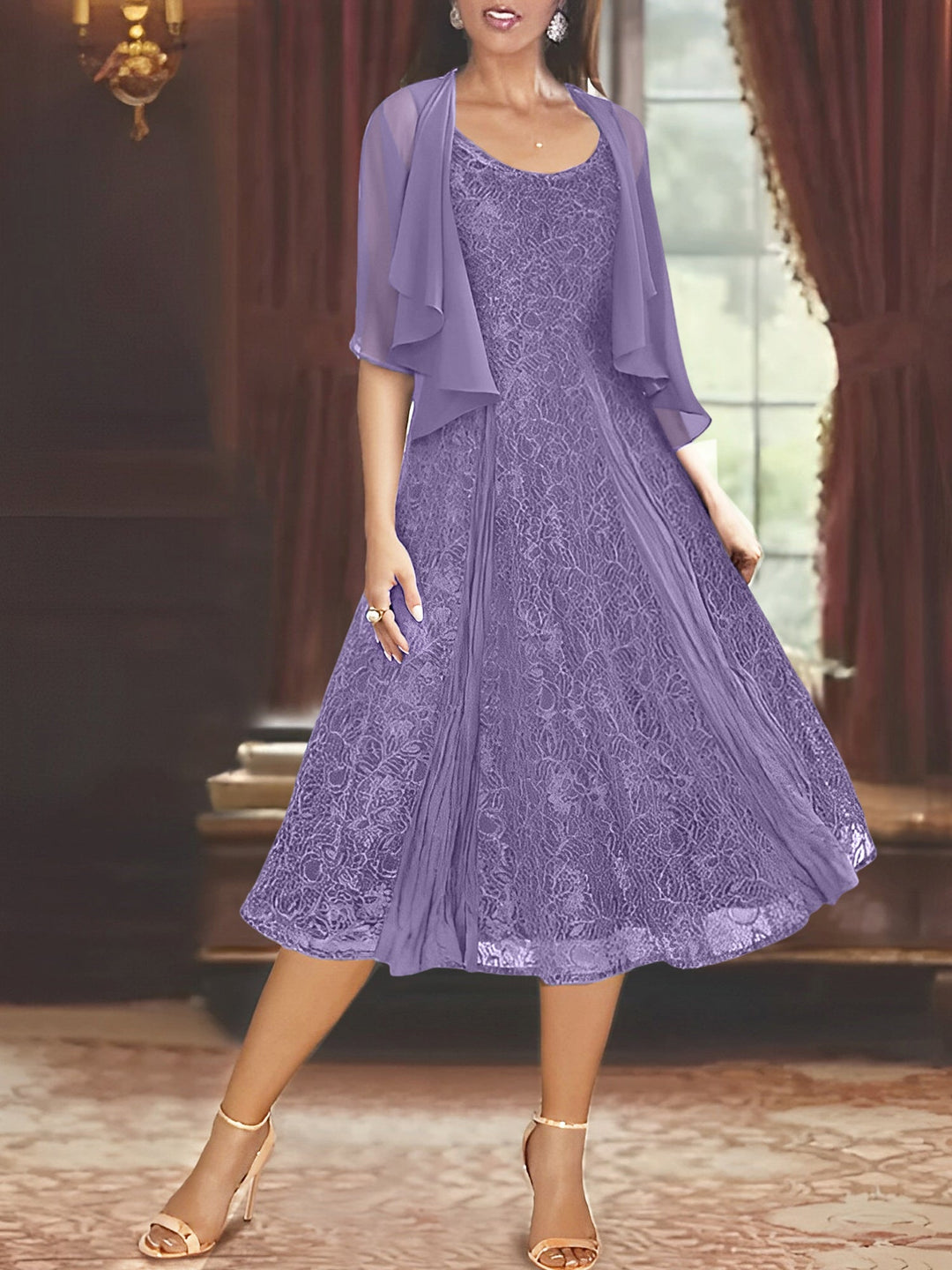 Robe de Mère de la Mariée Coupe A-Line/Princess à Manches Mi-Longues et Décolleté Plongeant avec Appliques et Veste