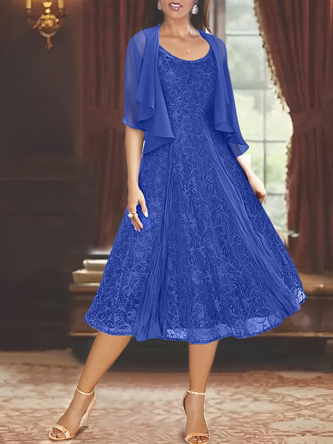 Robe de Mère de la Mariée Coupe A-Line/Princess à Manches Mi-Longues et Décolleté Plongeant avec Appliques et Veste
