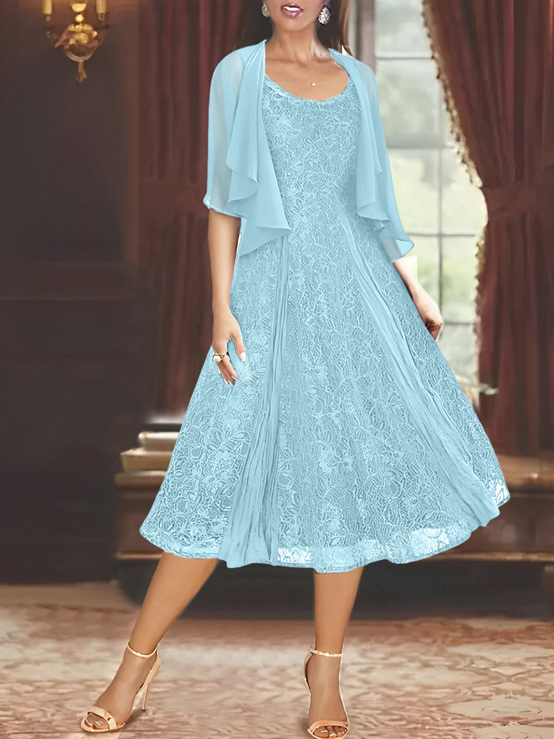 Robe de Mère de la Mariée Coupe A-Line/Princess à Manches Mi-Longues et Décolleté Plongeant avec Appliques et Veste