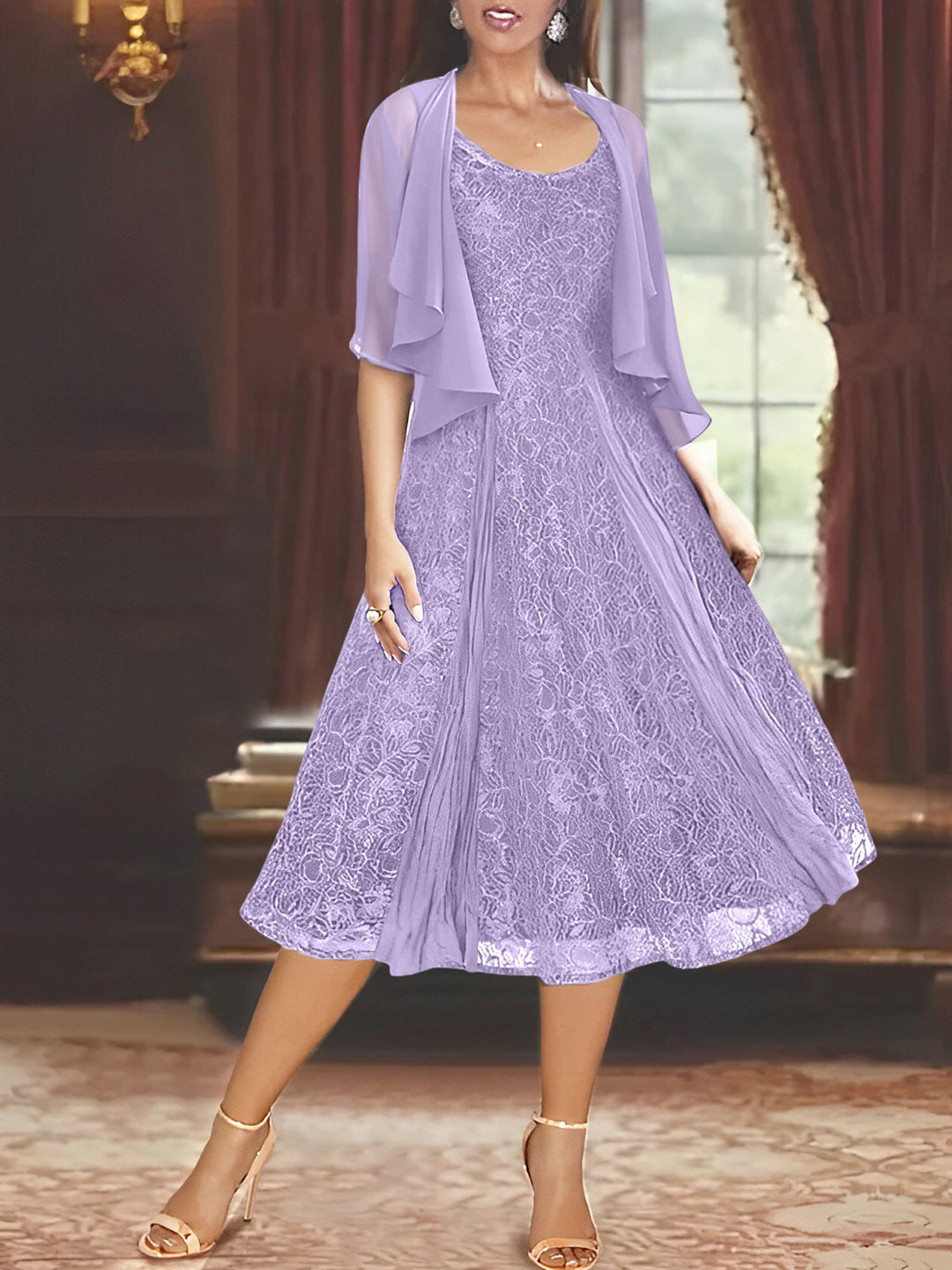Robe de Mère de la Mariée Coupe A-Line/Princess à Manches Mi-Longues et Décolleté Plongeant avec Appliques et Veste