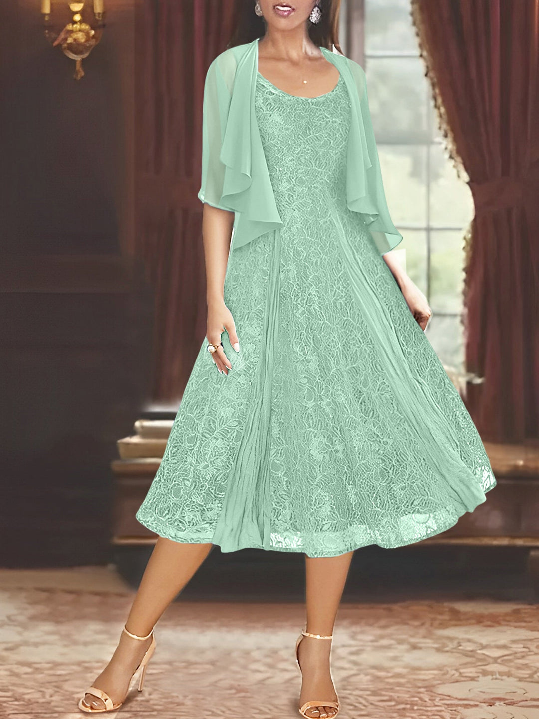 Robe de Mère de la Mariée Coupe A-Line/Princess à Manches Mi-Longues et Décolleté Plongeant avec Appliques et Veste