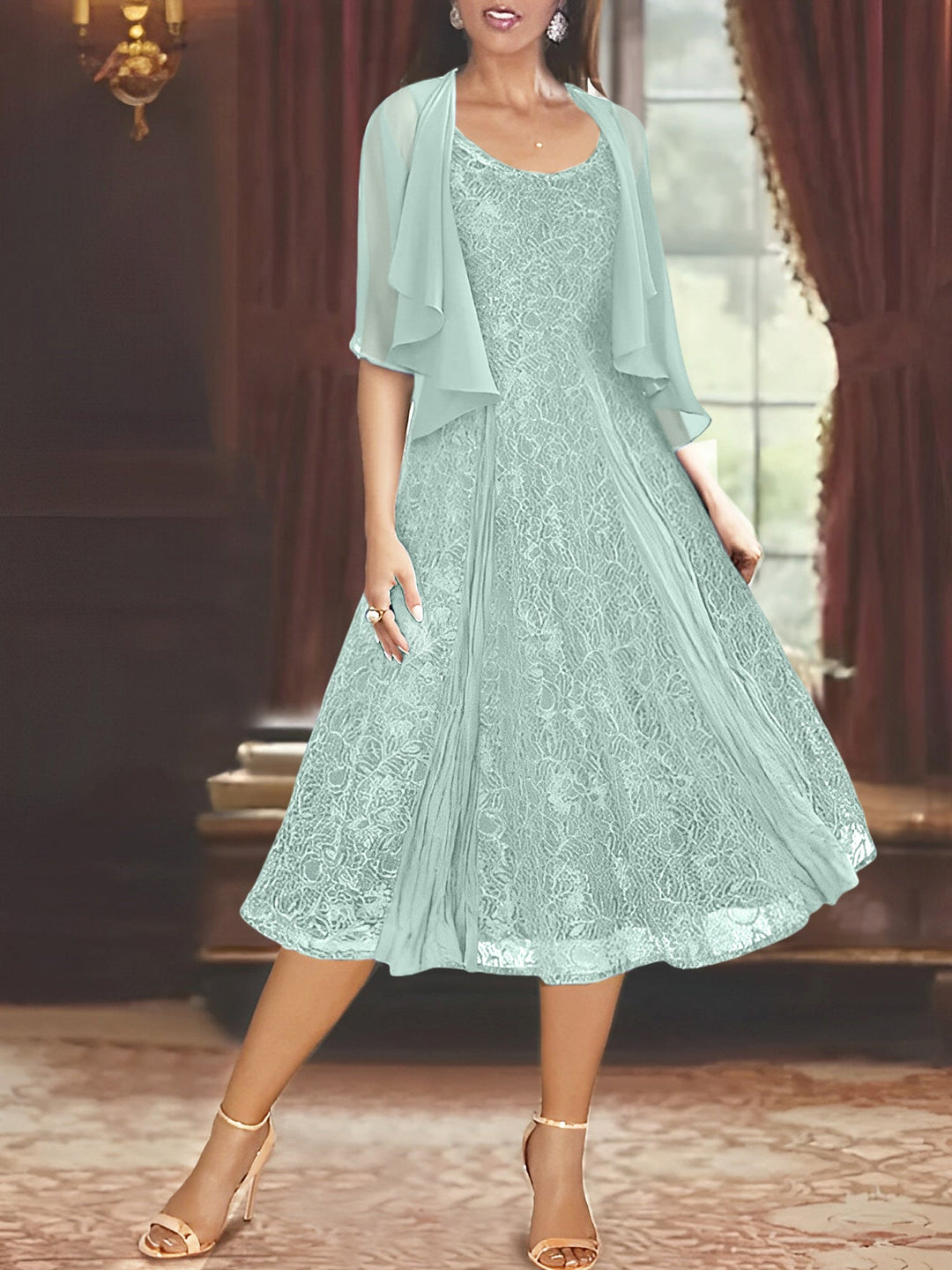 Robe de Mère de la Mariée Coupe A-Line/Princess à Manches Mi-Longues et Décolleté Plongeant avec Appliques et Veste